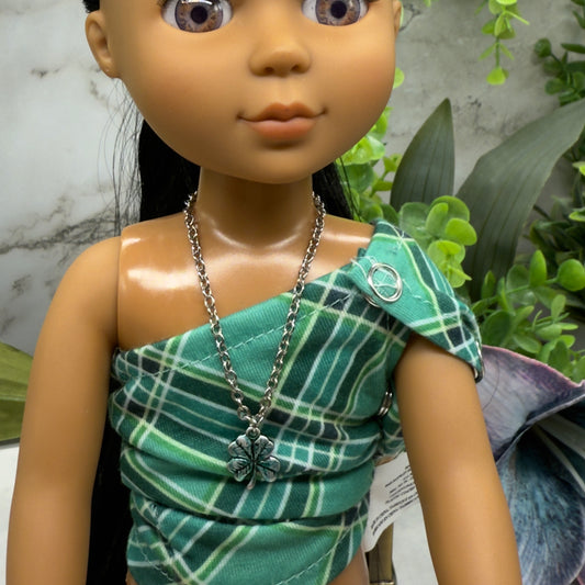 Four Leaf Clover Luck Green Enamel Silver Pendant Doll Necklace • 18 Inch Fashion Doll Jewelry