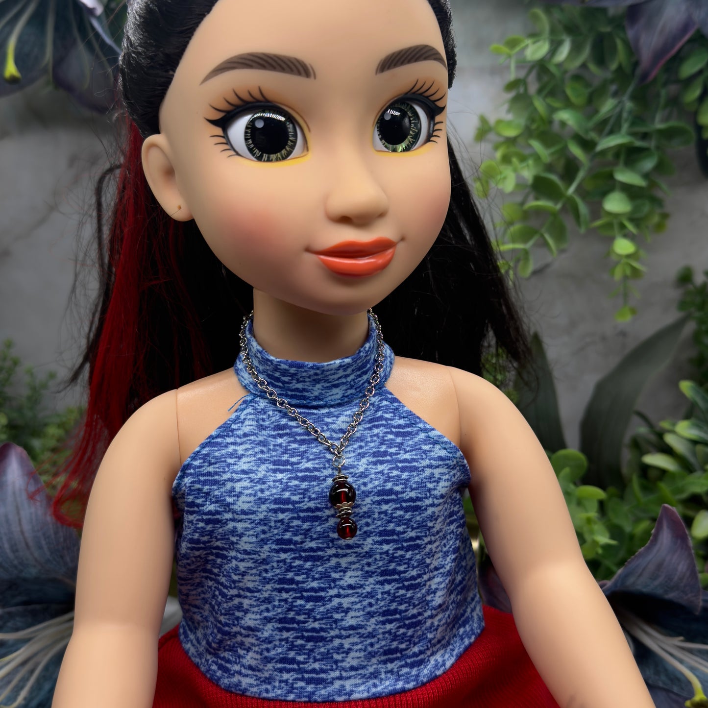 Red Glass Pendant Silver Chain Doll Necklace • 18 Inch Fashion Doll Jewelry