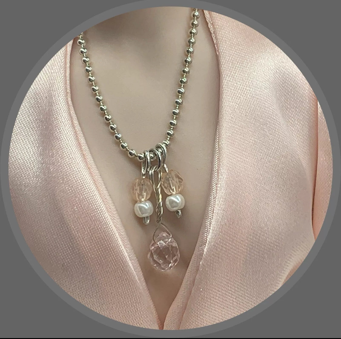 16 Inch Doll Jewelry • Silver Ball Chain Pink Clear Pearl Necklace Earrings Set
