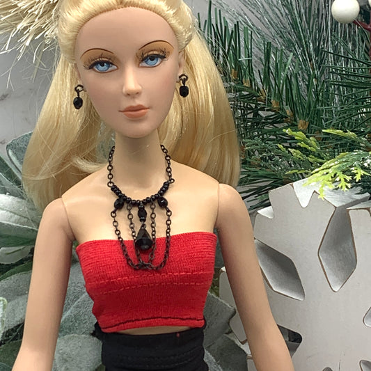 Black Crystal Chain Doll Necklace Earring Set • 16 Inch Fashion Doll Jewelry
