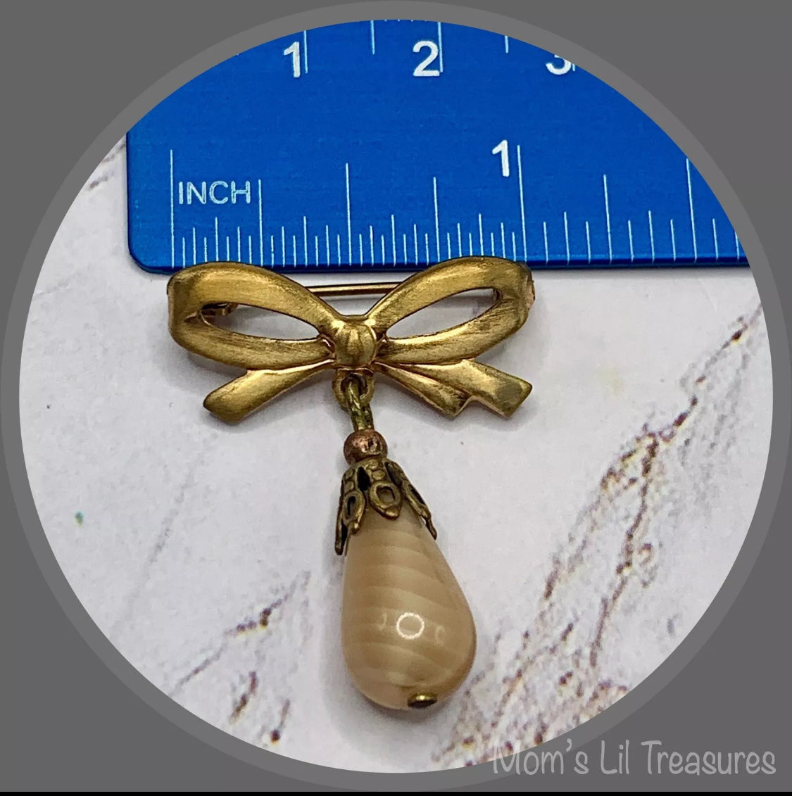 Tan Beige Glass Teardrop Pendant with Gold Tone Bow Pin • Doll Brooch