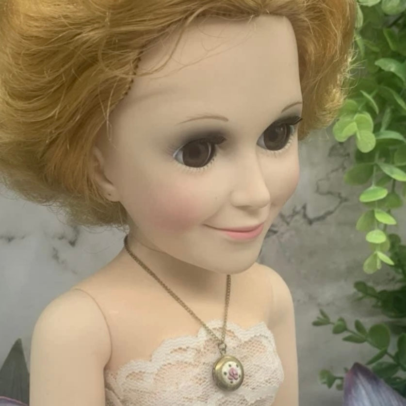 Round Locket Rose Pendant Gold Chain Doll Necklace for 18-22” Vintage Doll