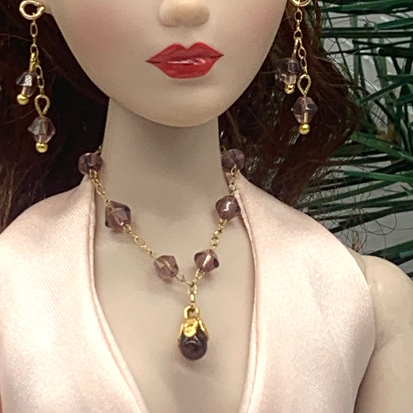 Purple Glass Teardrop Gold Doll Necklace Earrings Set • 16” Fashion Doll Jewelry