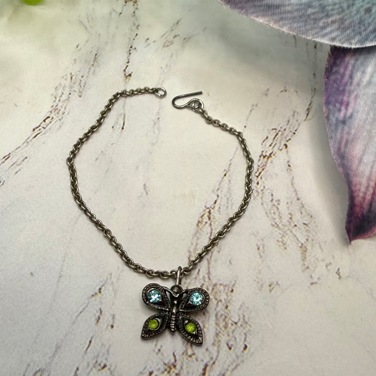 Butterfly Green Blue Rhinestone Pendant Gun Metal Silver Doll Necklace • 14 Inch Fashion Doll Jewelry