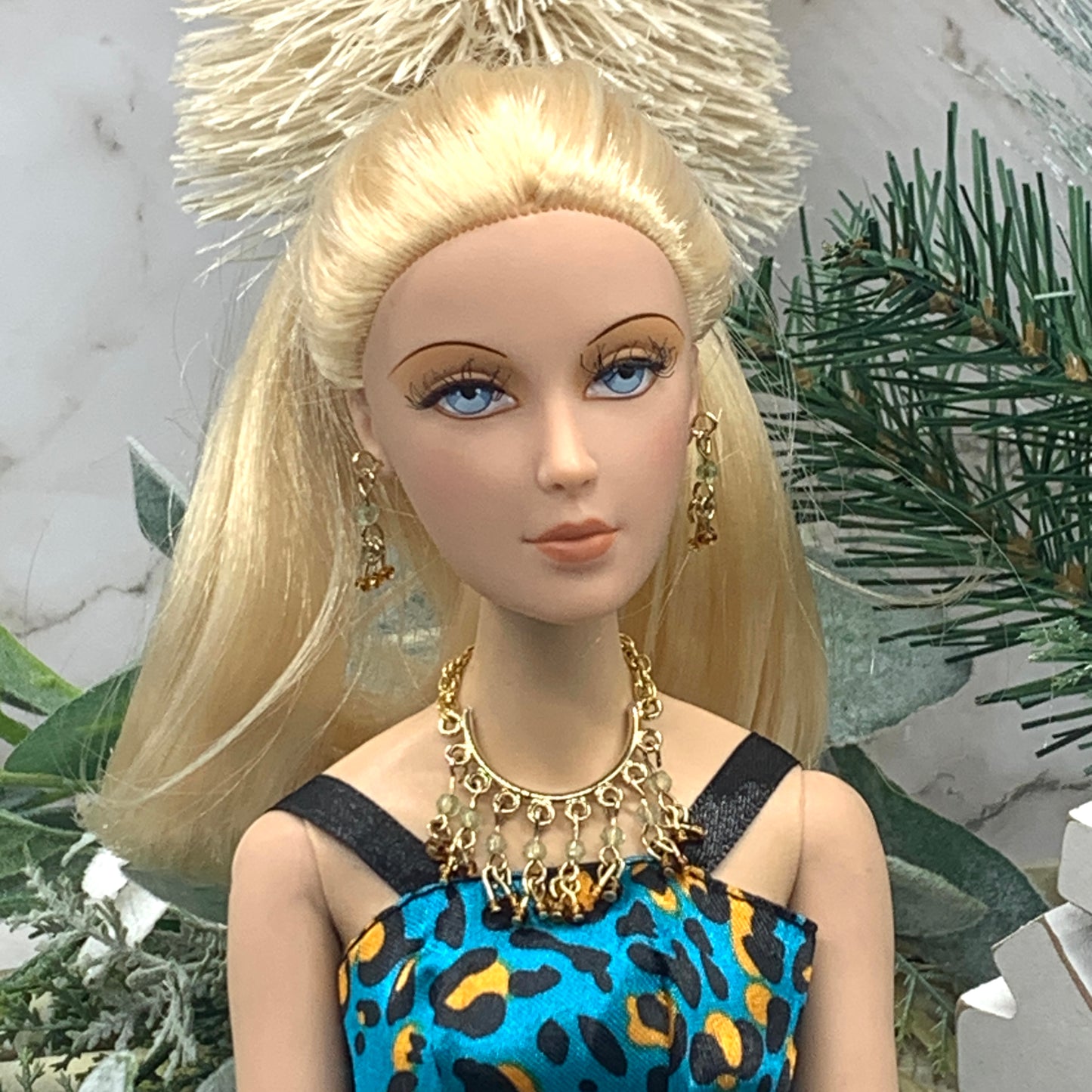 Light Green Brown Glass Dangle Doll Necklace Earrings Set • 16” Doll Jewelry