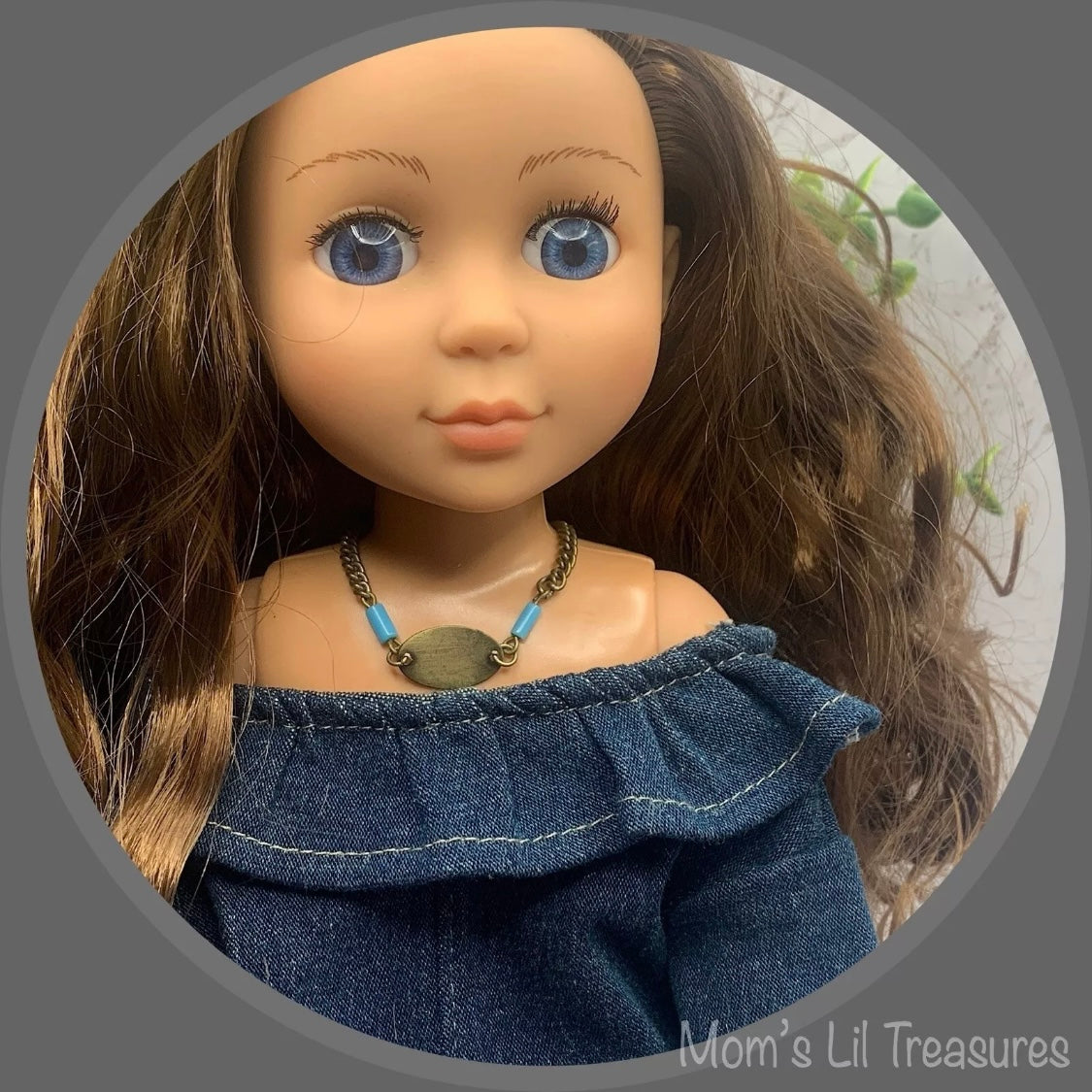Turquoise Blue Brass Gold Oval Pendant Necklace for 14 inch Wellie Wisher Doll