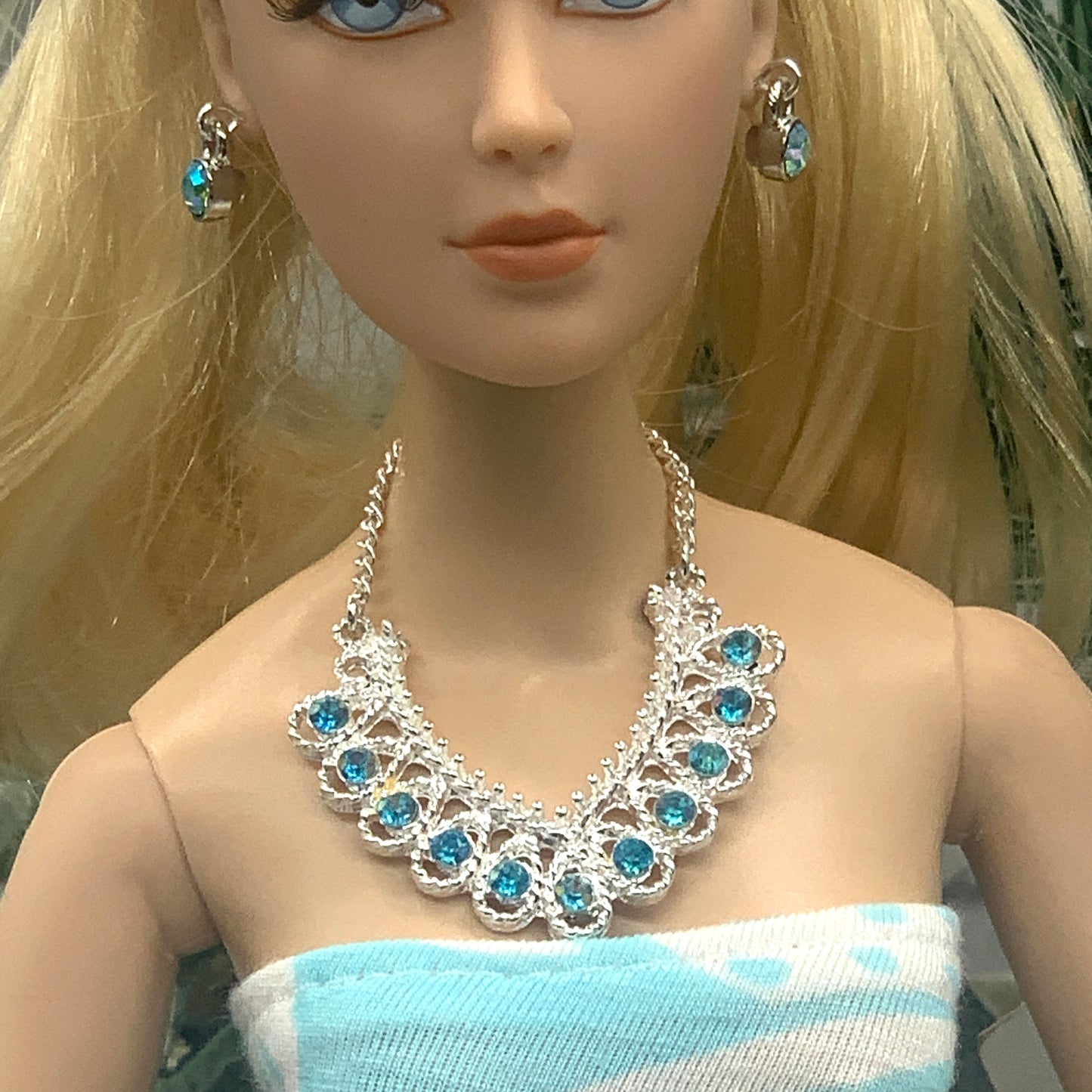 Turquoise Rhinestone Silver Collar Doll Necklace Earring Set • 16” Doll Jewelry