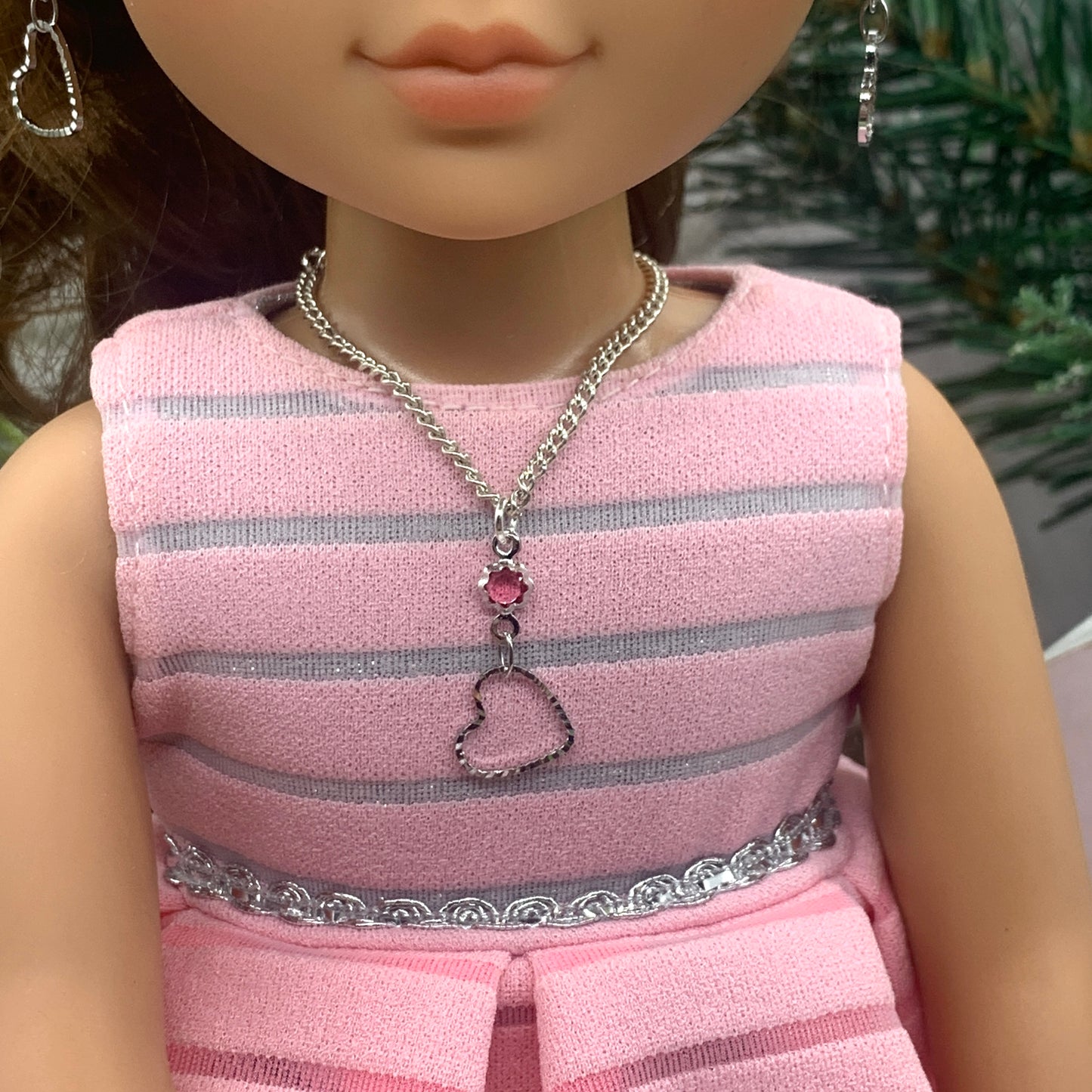 Silver Heart Pink Crystal Silver Doll Necklace Earring Set for 14” Wellie Wisher