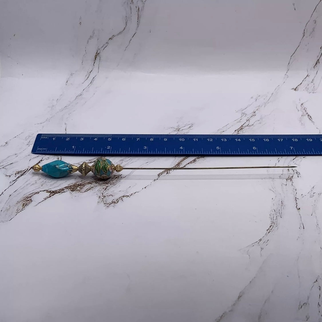 Turquoise Blue Gold Glass Cloisonné Flower Design - 6.75” • Hatpin - Stick Pin