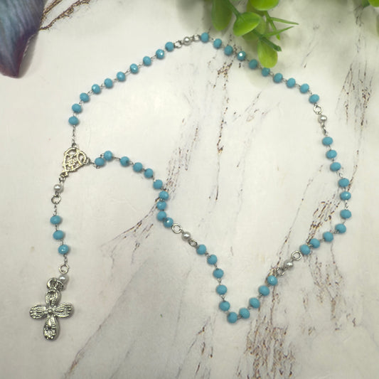 Light Blue Glass & Pearl Crystal Beaded Silver Cross • Doll Size Catholic Rosary