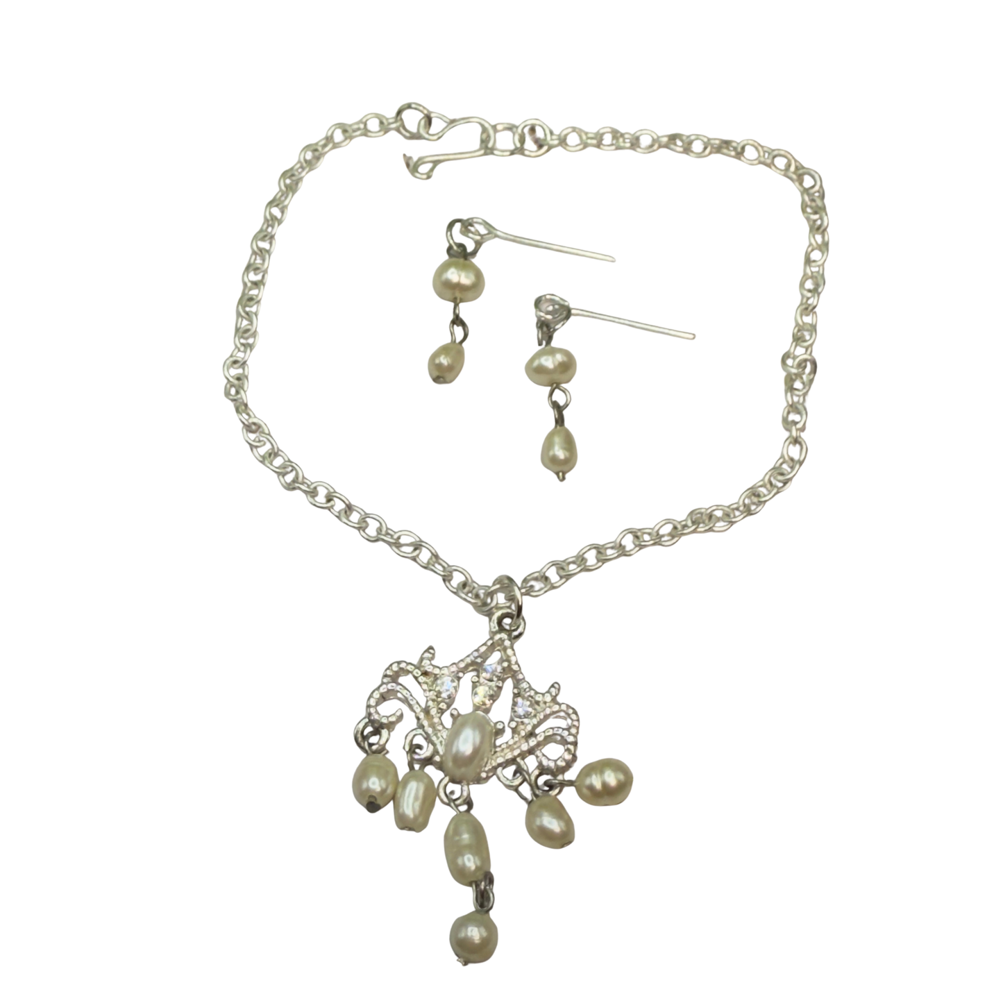 Silver Filigree Pearl Dangle Doll Necklace & Earrings Set • 18 Inch Fashion Doll Jewelry