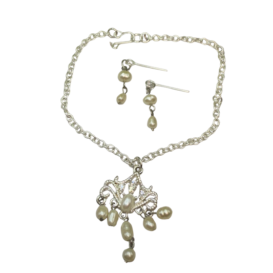 Silver Filigree Pearl Dangle Doll Necklace & Earrings Set • 18 Inch Fashion Doll Jewelry