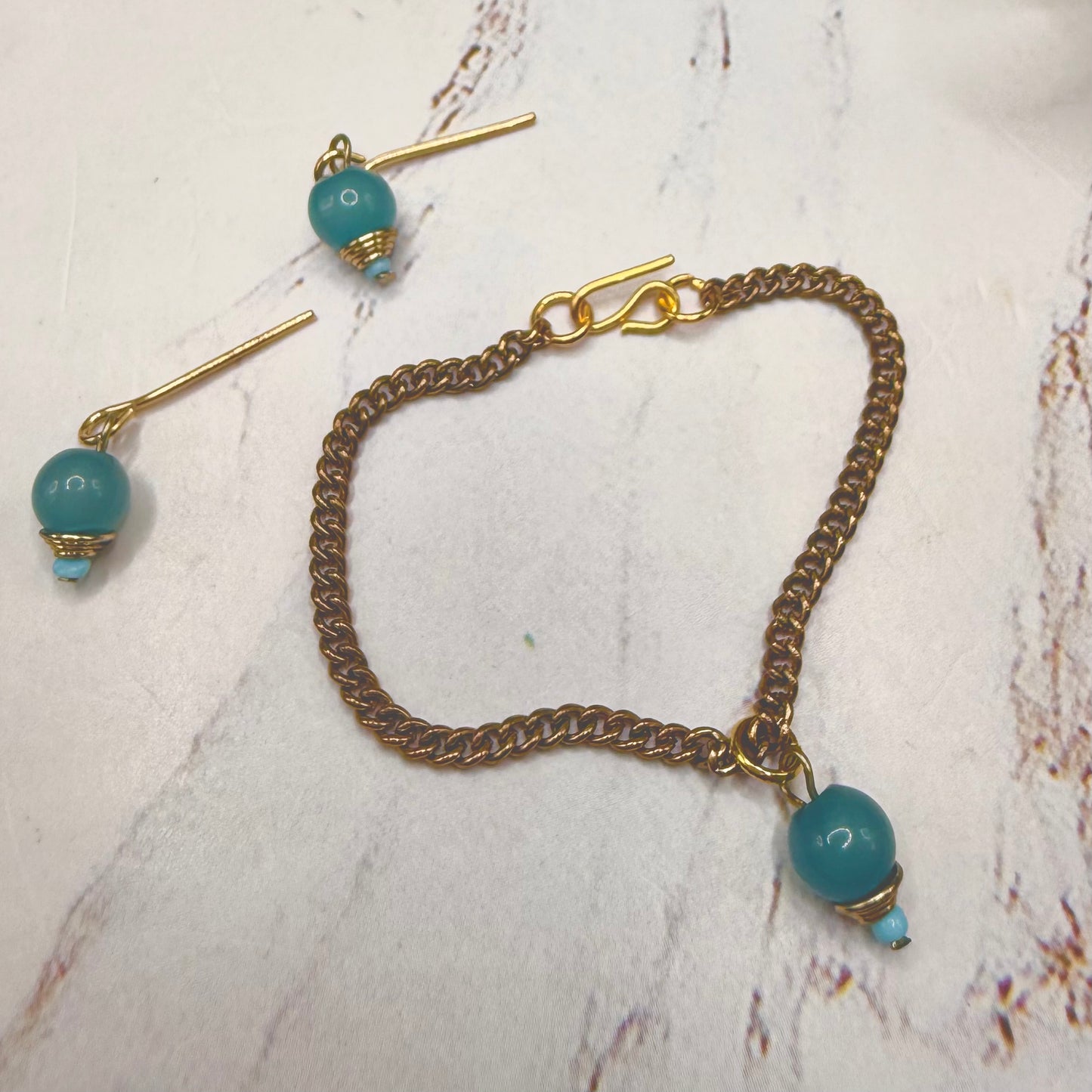 Blue Drop Dangle Gold Chain Doll Necklace & Earrings Set • 16 Inch Fashion Doll Jewelry