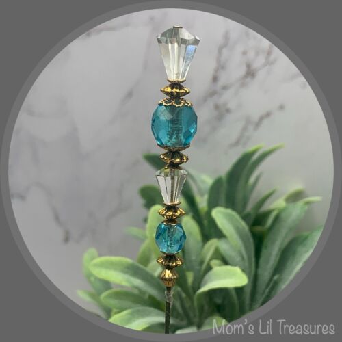 Turquoise Blue & Clear Crystal - Gold Tone Findings- 6” Pin • Hatpin - Stick Pin