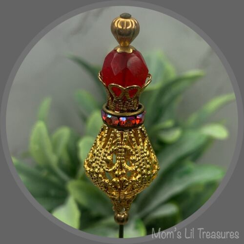 Red Glass Rhinestone Gold Tone Filigree Hatpin - Stick Pin • 6” Pin