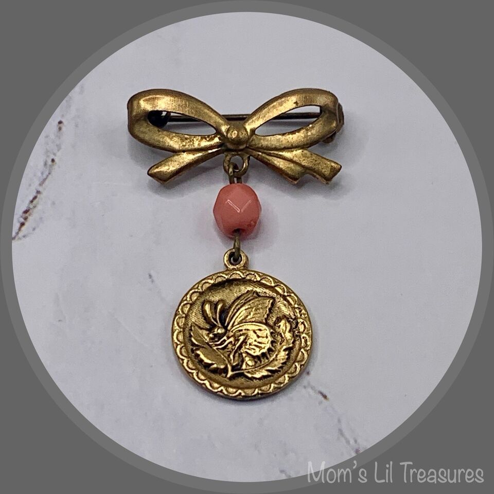 Gold Tone Bow Pin Pink Bead Gold Butterfly Flower Design Dangle • Doll Brooch
