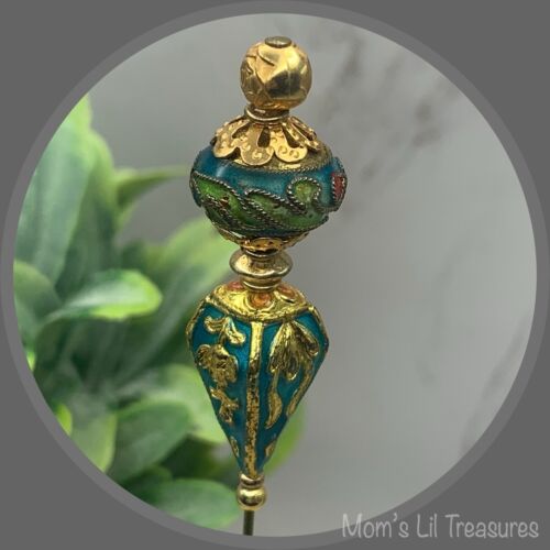 Blue Turquoise Cloisonné - Gold Tone Filigree - 6” Pin • Hatpin - Stick Pin