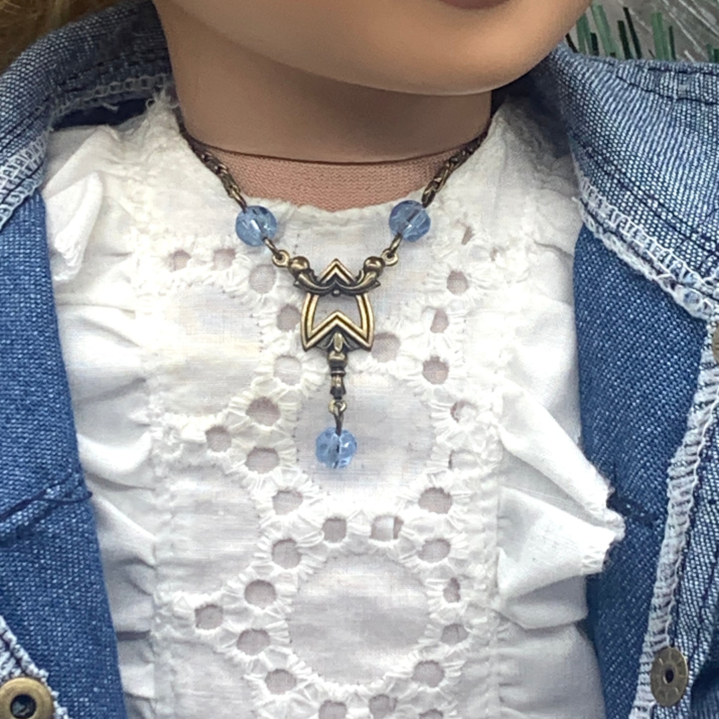 Blue Crystal Accent Bronze Tone Doll Necklace • 18 Inch Fashion Doll Jewelry