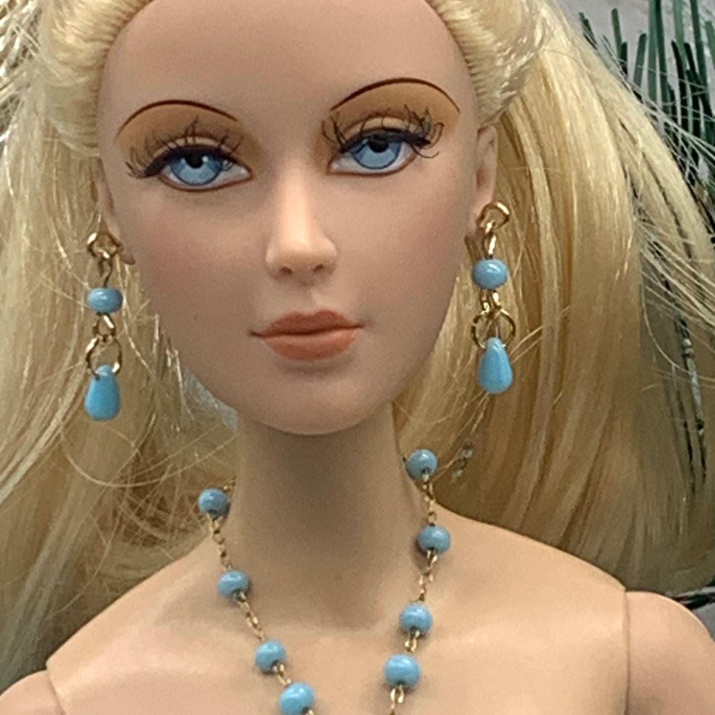 Blue Glass Beaded Pendant Necklace Earring Set • 16 Inch Fashion Doll Jewelry