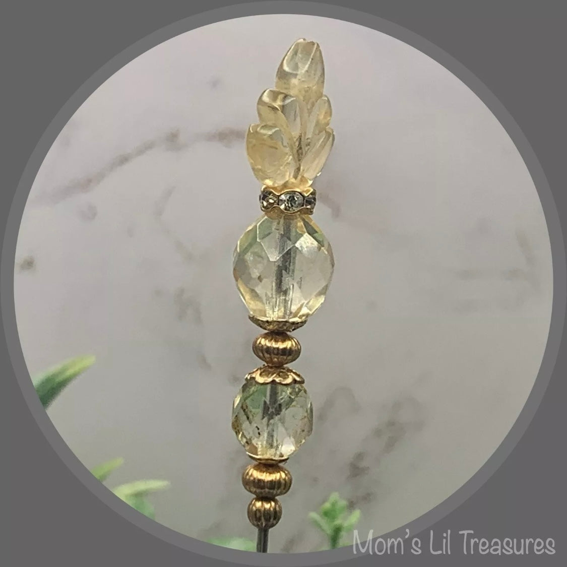 Light Yellow Glass Leaf Crystal Beaded - 6.25” Pin • Hatpin - Stick Pin