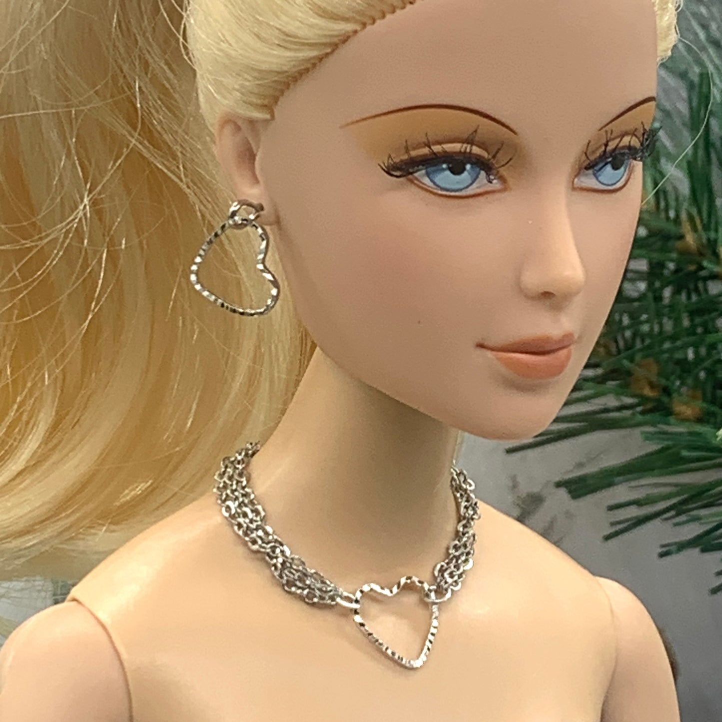 Silver Heart Dangle Multi Chain Doll Necklace Earring Set • 16” Doll Jewelry