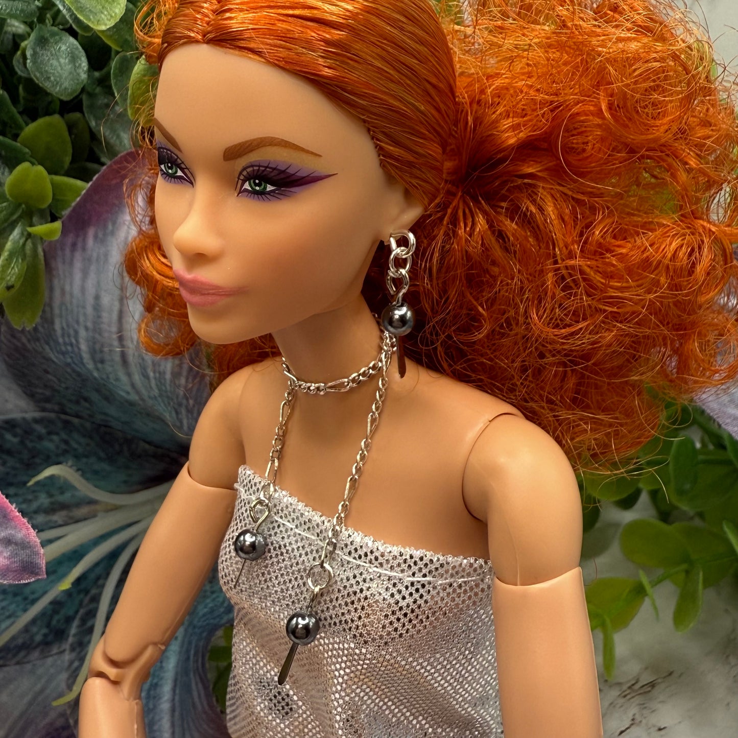 Gray Metallic and Silver Chain Wrap Style Necklace & Earrings Set • 10-12” 1:6 Fashion Doll Jewelry