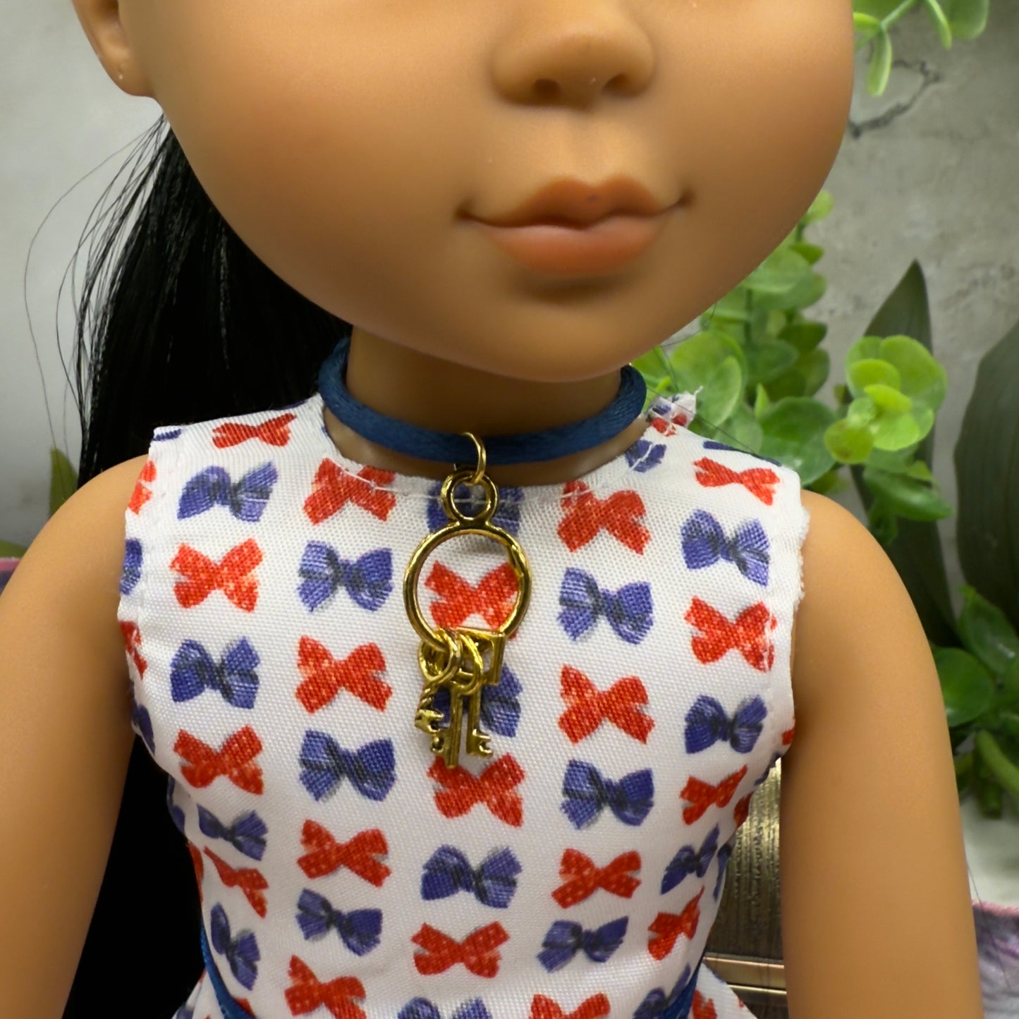 Blue Fabric Cord Doll Necklace Gold Keys Pendant • 14” Fashion Doll Jewelry