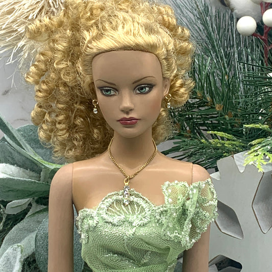 Clear Rhinestone Gold Chain Dangle Doll Necklace Earring Set • 16” Doll Jewelry