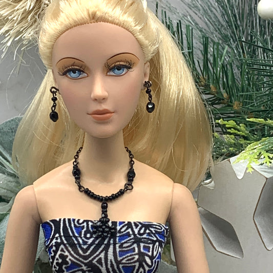 Black Beaded Y Drop Flower Doll Necklace Matching Earring Set • 16” Doll Jewelry
