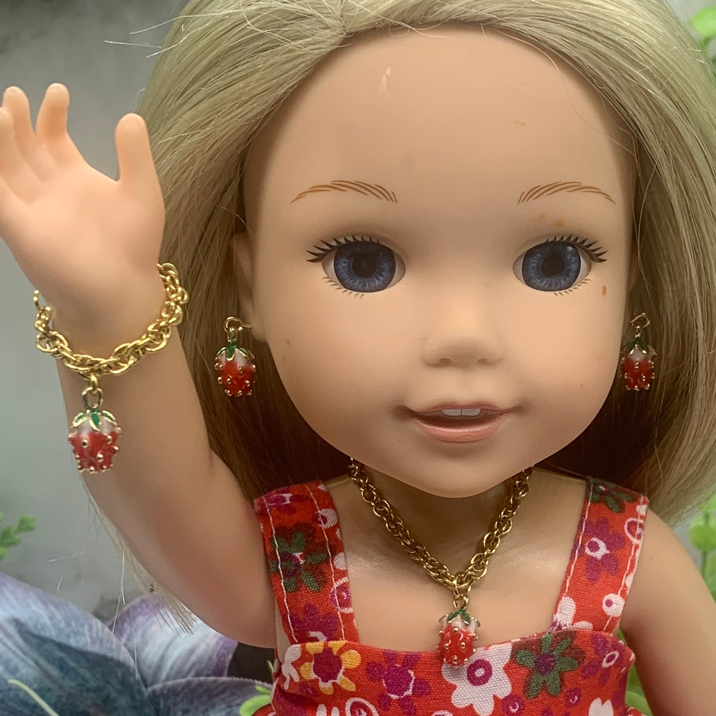 Strawberry Charm Gold Chain Doll Necklace Earring Bracelet Set 14” Wellie Wisher