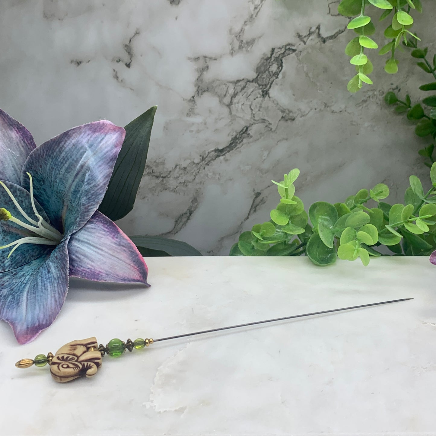 Green Glass Crystal & Elephant Hatpin - Stick Pin • 8” Pin