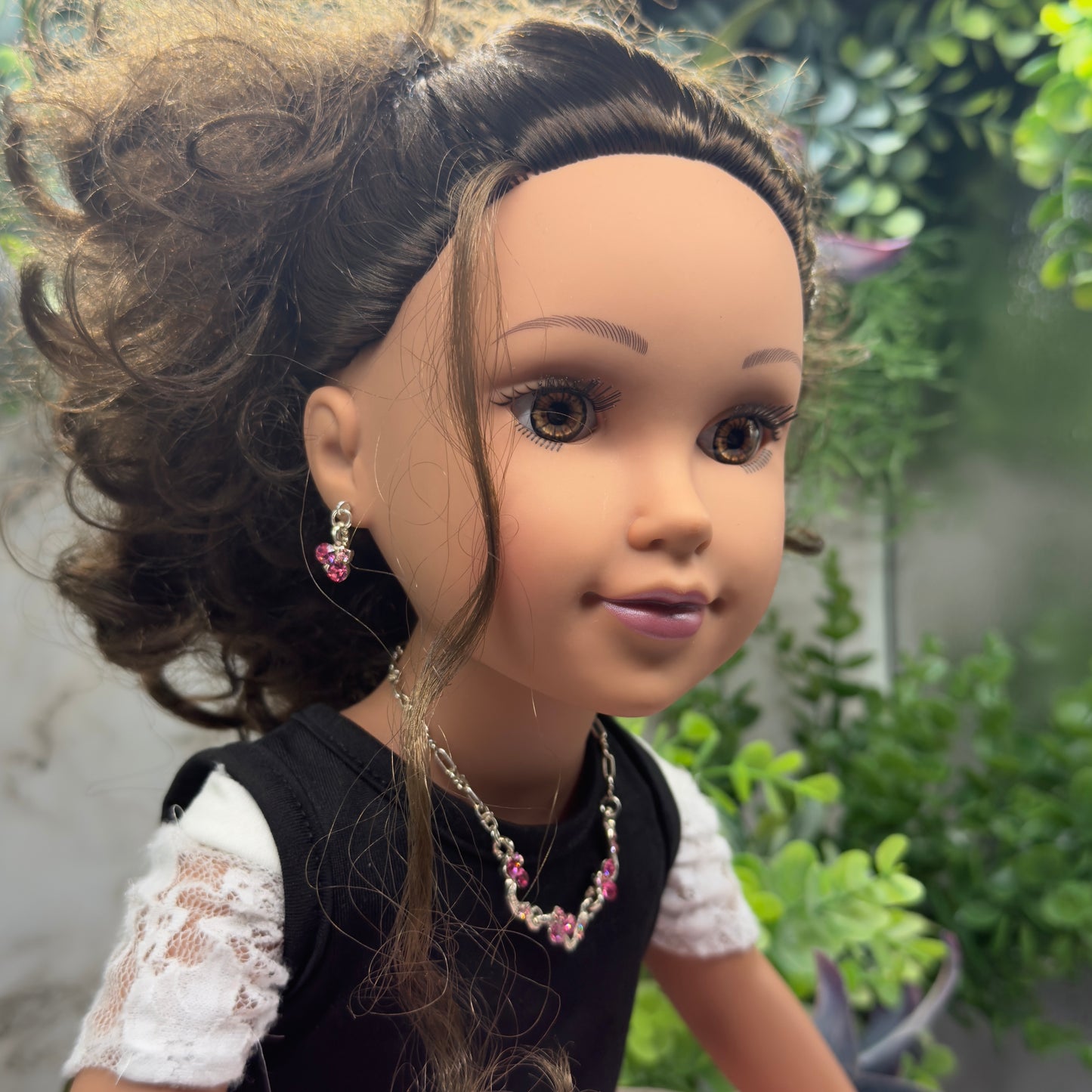 Light Dark Pink Rhinestone Silver Curved Link Doll Necklace & Earrings Set • 18 Inch Fashion Doll Jewelry