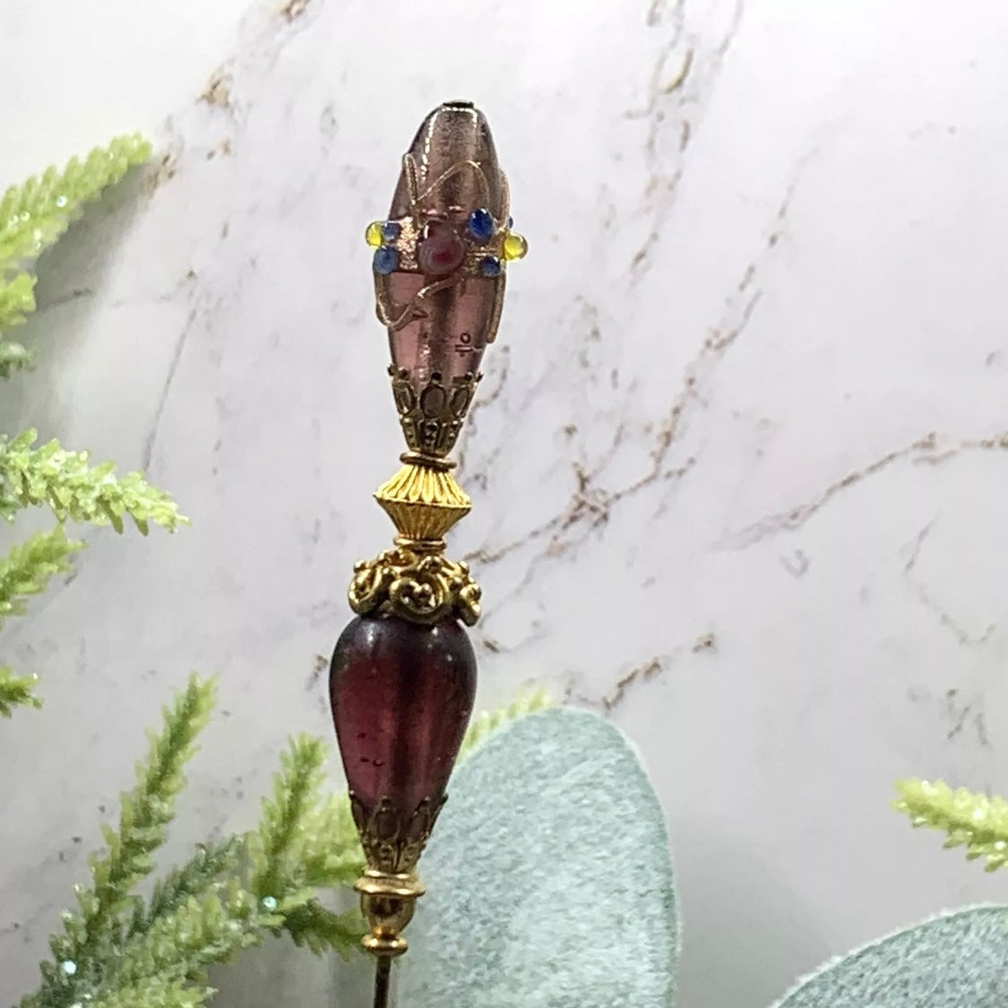 Purple Glass Teardrop Gold Swirl Design Filigree - 8” Pin • Hatpin - Stick Pin