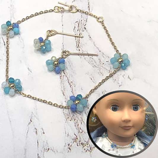 Blue Glass Flower Design Gold Chain Necklace Earrings Set • 18” Doll Jewelry