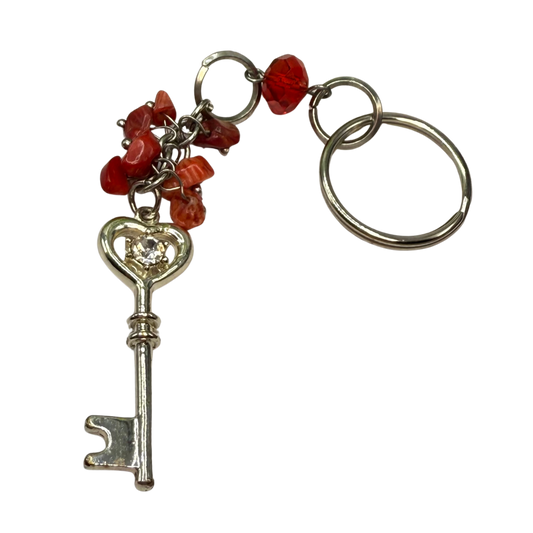 Silver Heart Top Key Charm Red Glass Stone Dangles Key Chain / Car Charm