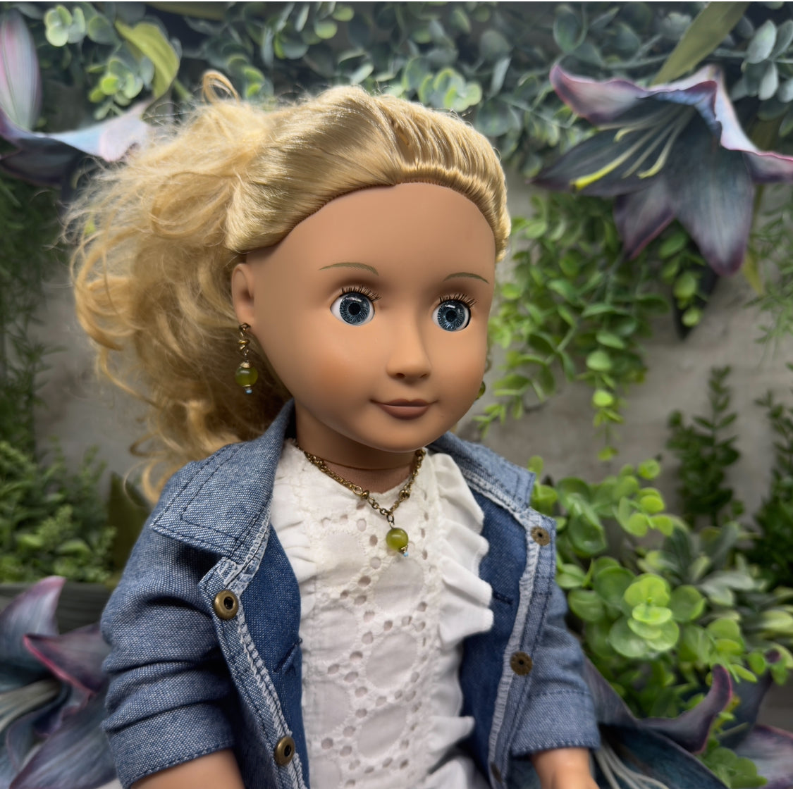 Light Olive Green Drop Gold Chain Doll Necklace & Earrings Set • 18 Inch Fashion Doll Jewelry