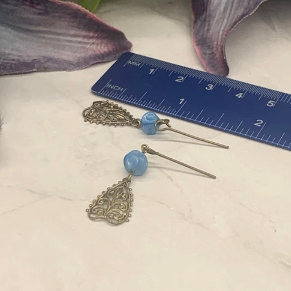 Gold Filigree Blue Glass Dangle Doll Earrings • 18 Inch Fashion Doll Jewelry