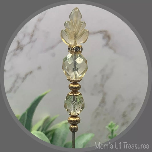 Light Yellow Glass Leaf Crystal Beaded - 6.25” Pin • Hatpin - Stick Pin