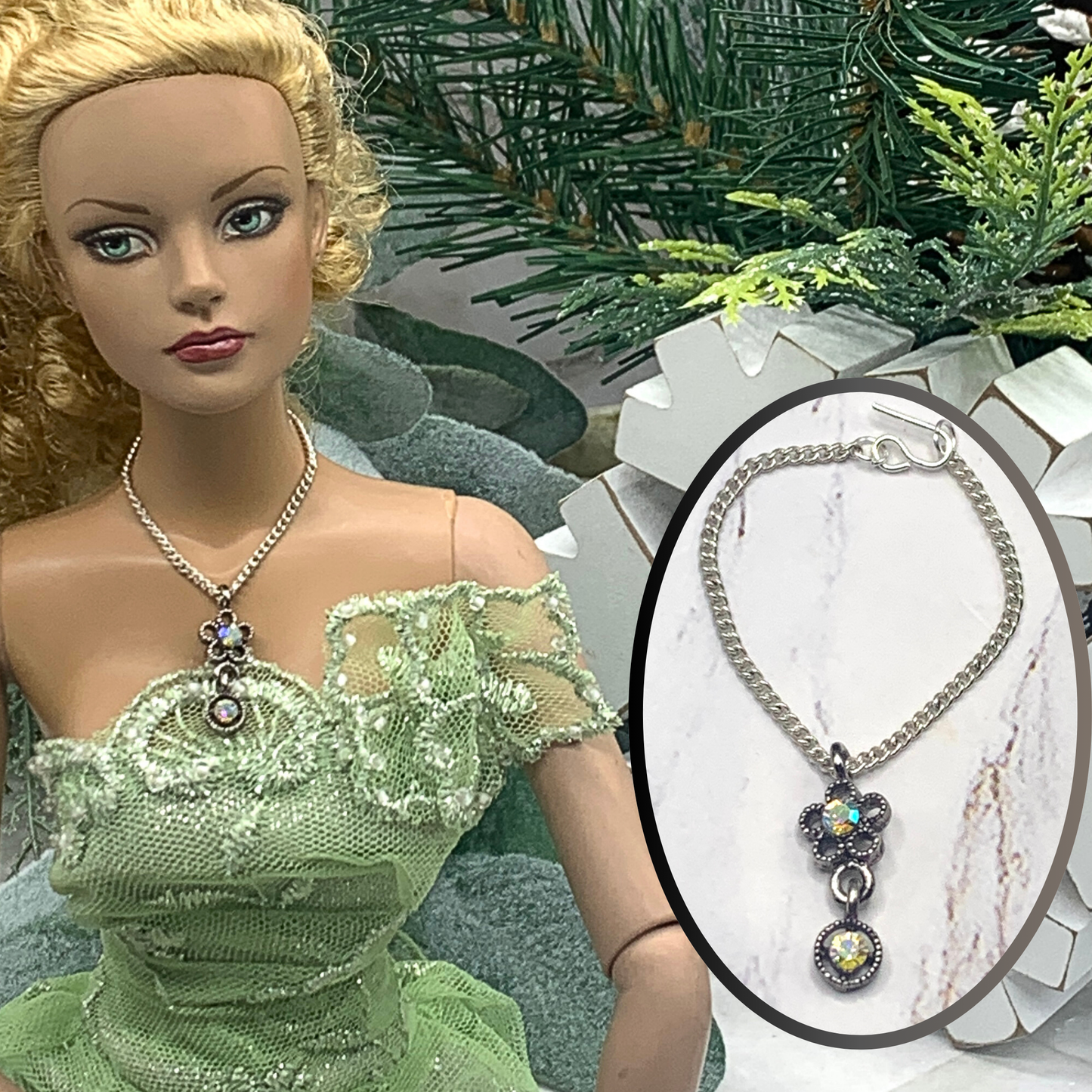 AB Rhinestone Flower Pendant Silver Chain Doll Necklace • 16” Doll Jewelry
