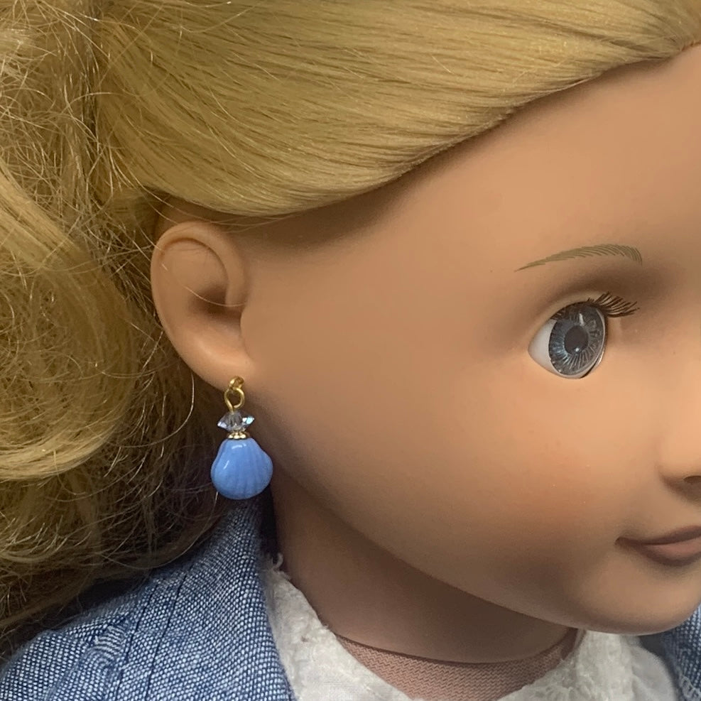 Blue Glass Shell Shape & Crystal Dangle Doll Earrings • 18” Doll Jewelry