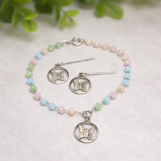 Pastel Blue Pink Green Glass Bead Silver Butterfly Charm Doll Necklace & Earrings Set • 18 Inch Fashion Doll Jewelry