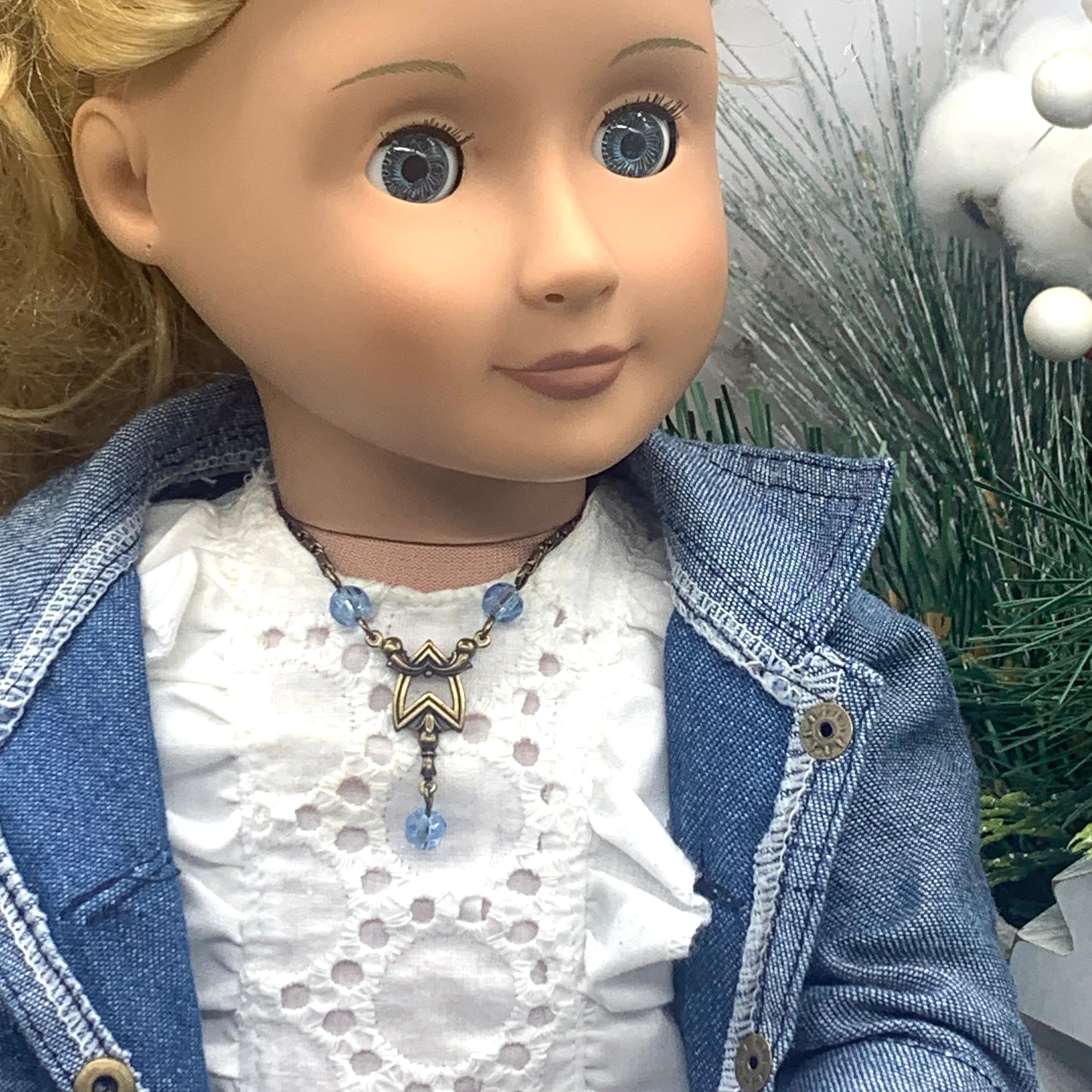 Blue Crystal Accent Bronze Tone Doll Necklace • 18 Inch Fashion Doll Jewelry