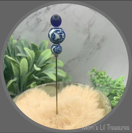 Blue White Glass Beaded 5” Pin • Hatpin - Stick Pin