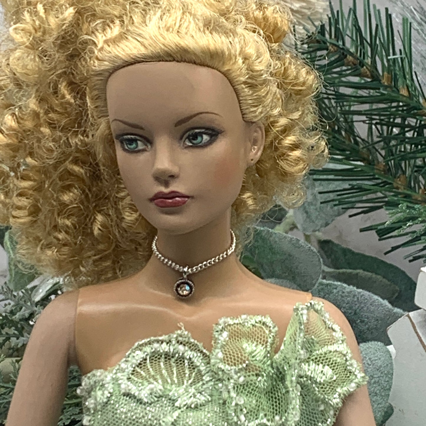 AB Rhinestone Pendant Silver Choker Chain Doll Necklace • 16” Doll Jewelry