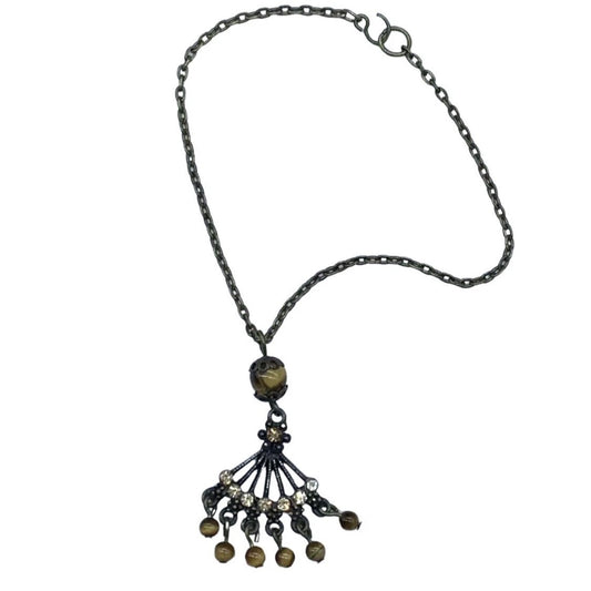 Bronze Fan Design Brown Bead Dangle Pendant Doll Necklace • 18 inch Doll Jewelry
