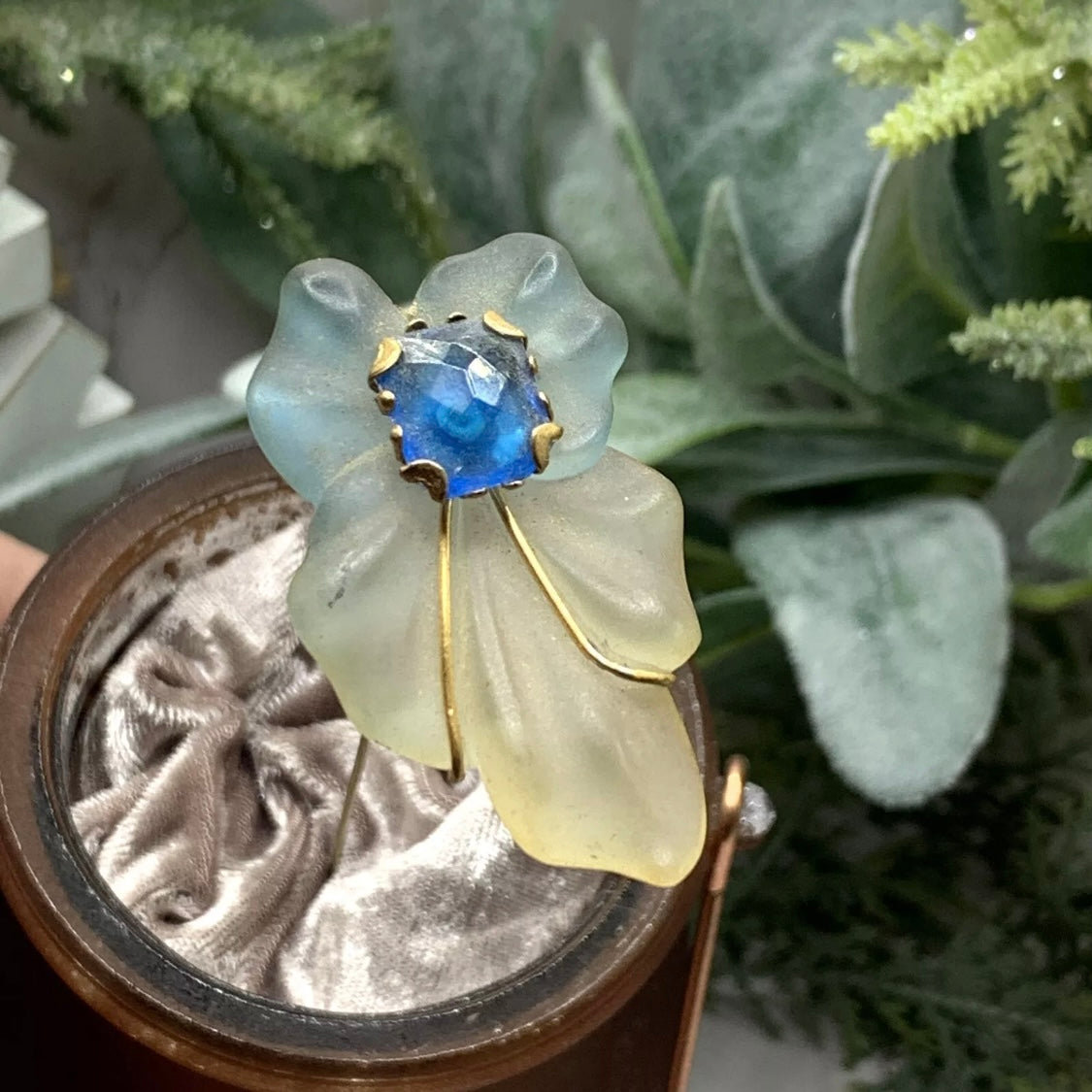 Blue & Clear Acrylic Leaf Blue Rhinestone Gold Tone Accent - 6” Pin • Hatpin