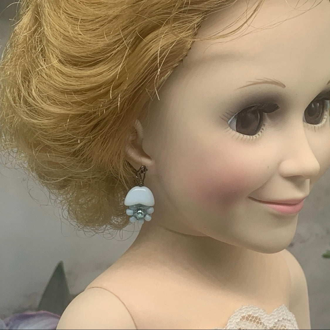 Light Blue Glass Rhinestone Flower Dangle Doll Earrings for 18-22” Vintage Doll