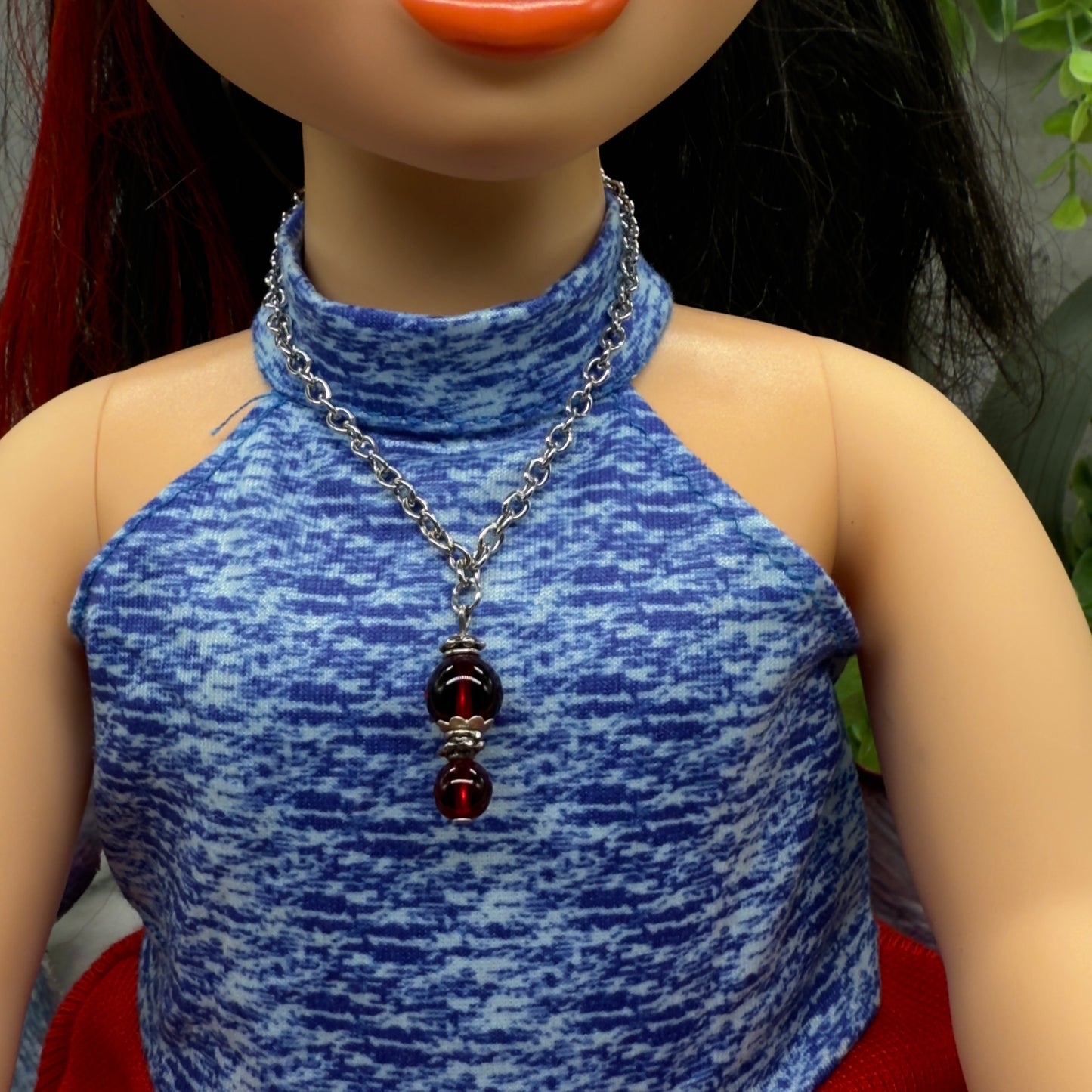 Red Glass Pendant Silver Chain Doll Necklace • 18 Inch Fashion Doll Jewelry