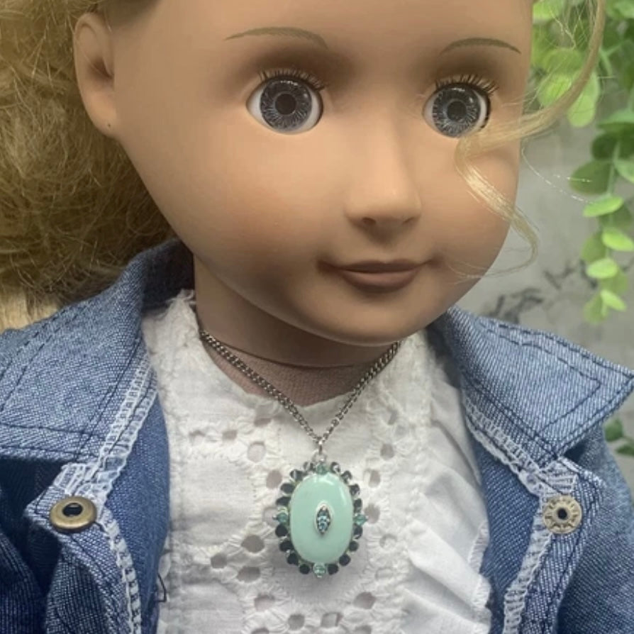 Oval Turquoise Green Locket Rhinestone Detail Doll Necklace • 18” Doll Jewelry
