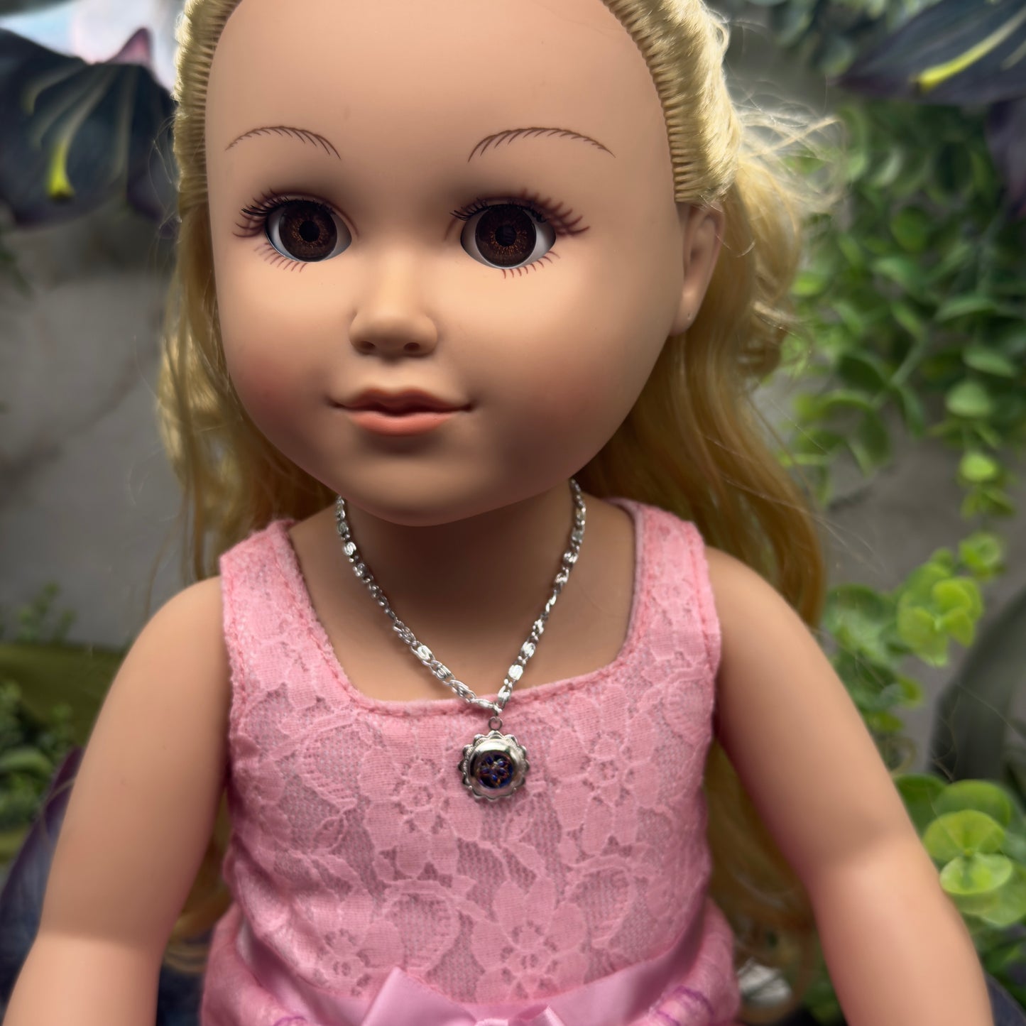 Blue Purple Flower Silver Filigree Pendant Doll Necklace • 18 Inch Fashion Doll Jewelry
